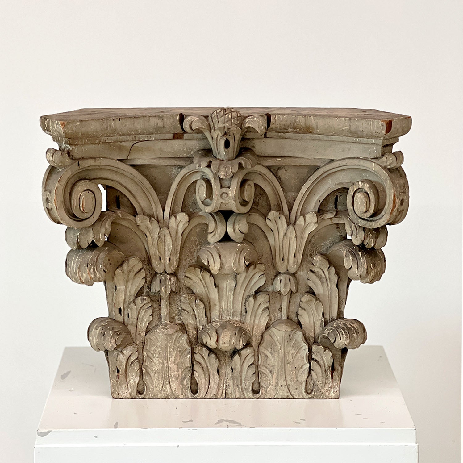 BAROQUE CARVED & PAINTED CORINTHIAN PEDIMENT CAPITAL - 2