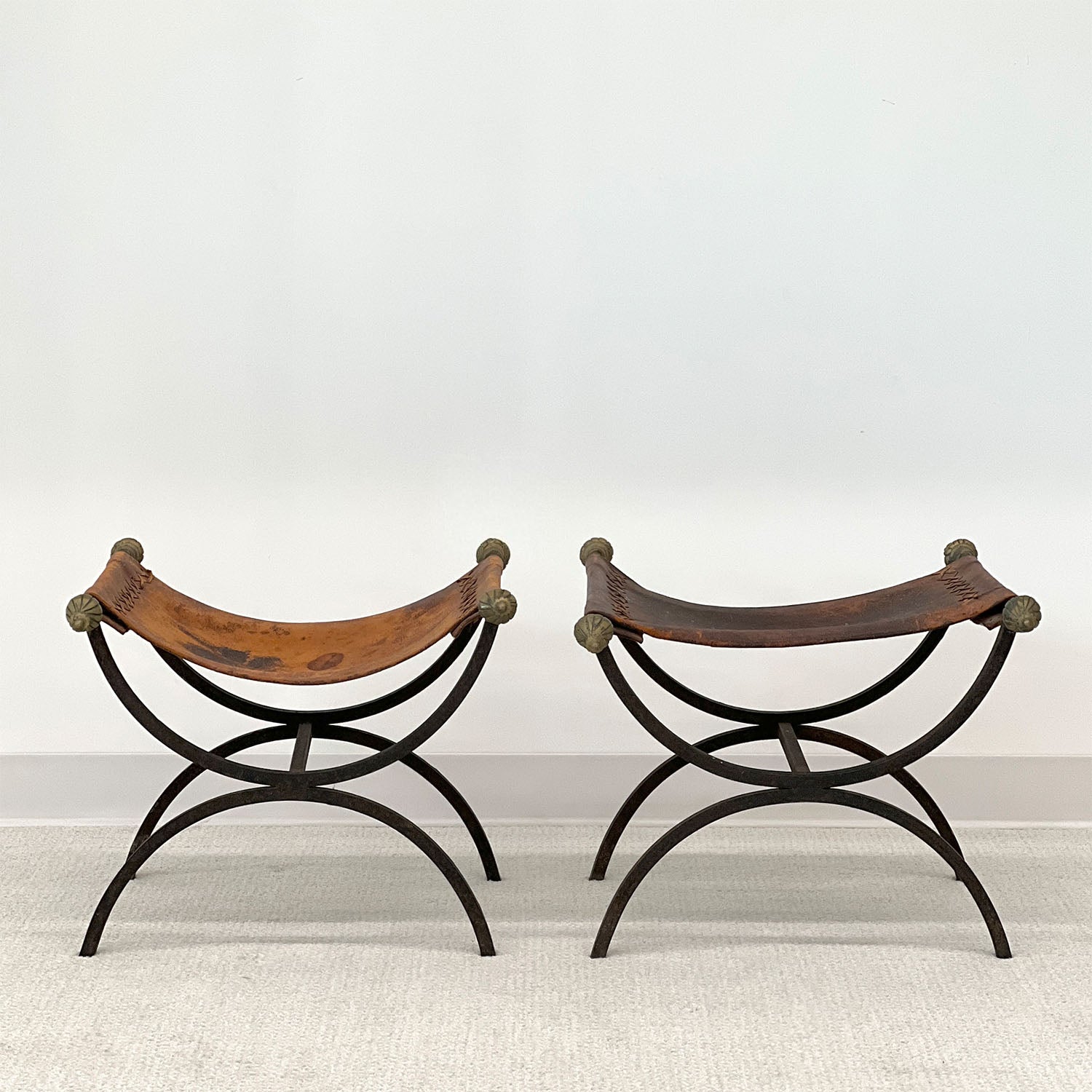 WROUGHT-IRON AND LEATHER SEATS - PAIR