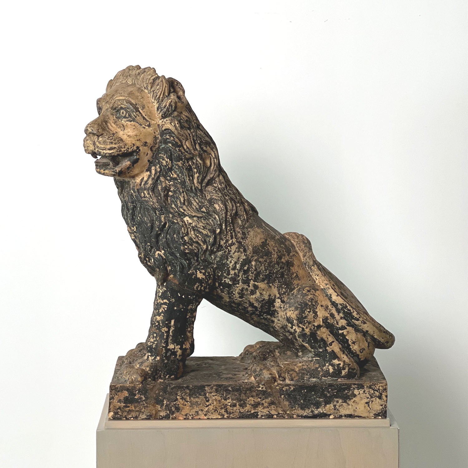 TERRACOTTA PAINTED SEATED LIONS