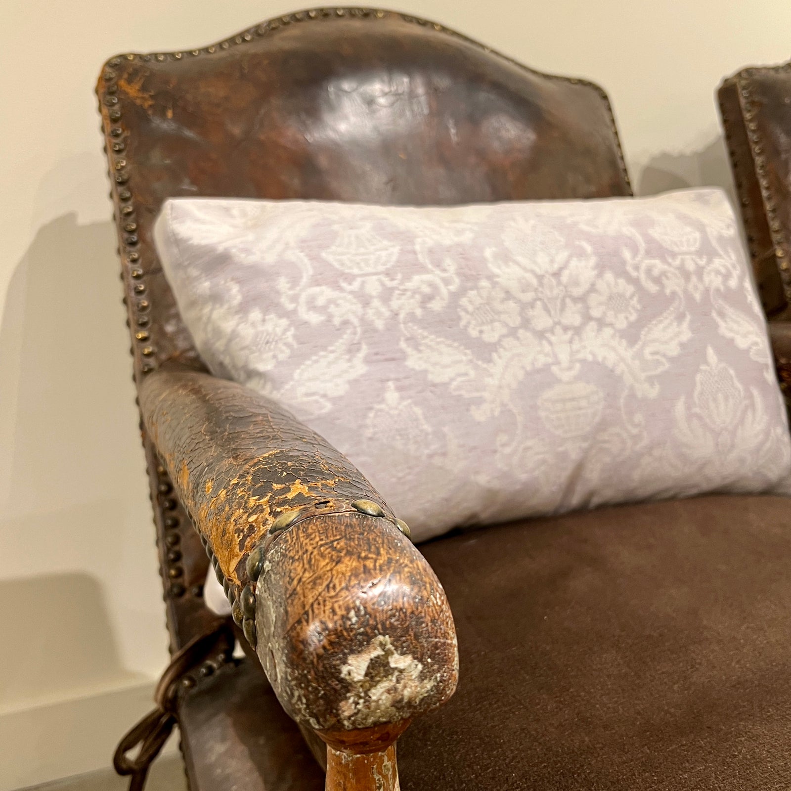 LOUIS Xiii LEATHER UPHOLSTERED WALNUT FAUTEUILS - PAIR