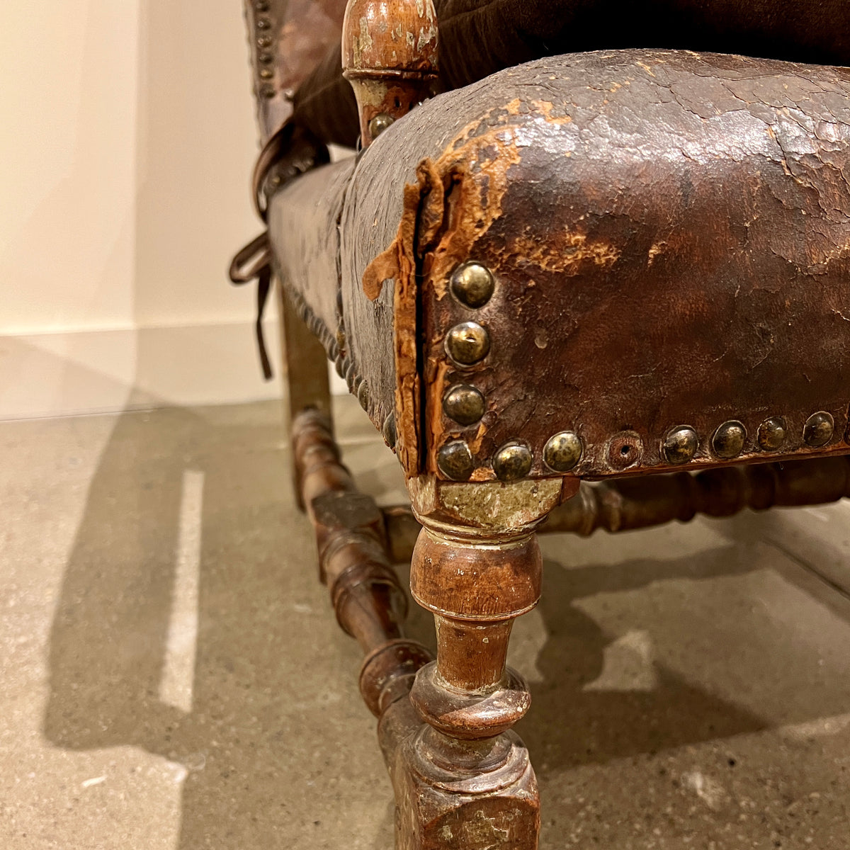 LOUIS Xiii LEATHER UPHOLSTERED WALNUT FAUTEUILS - PAIR